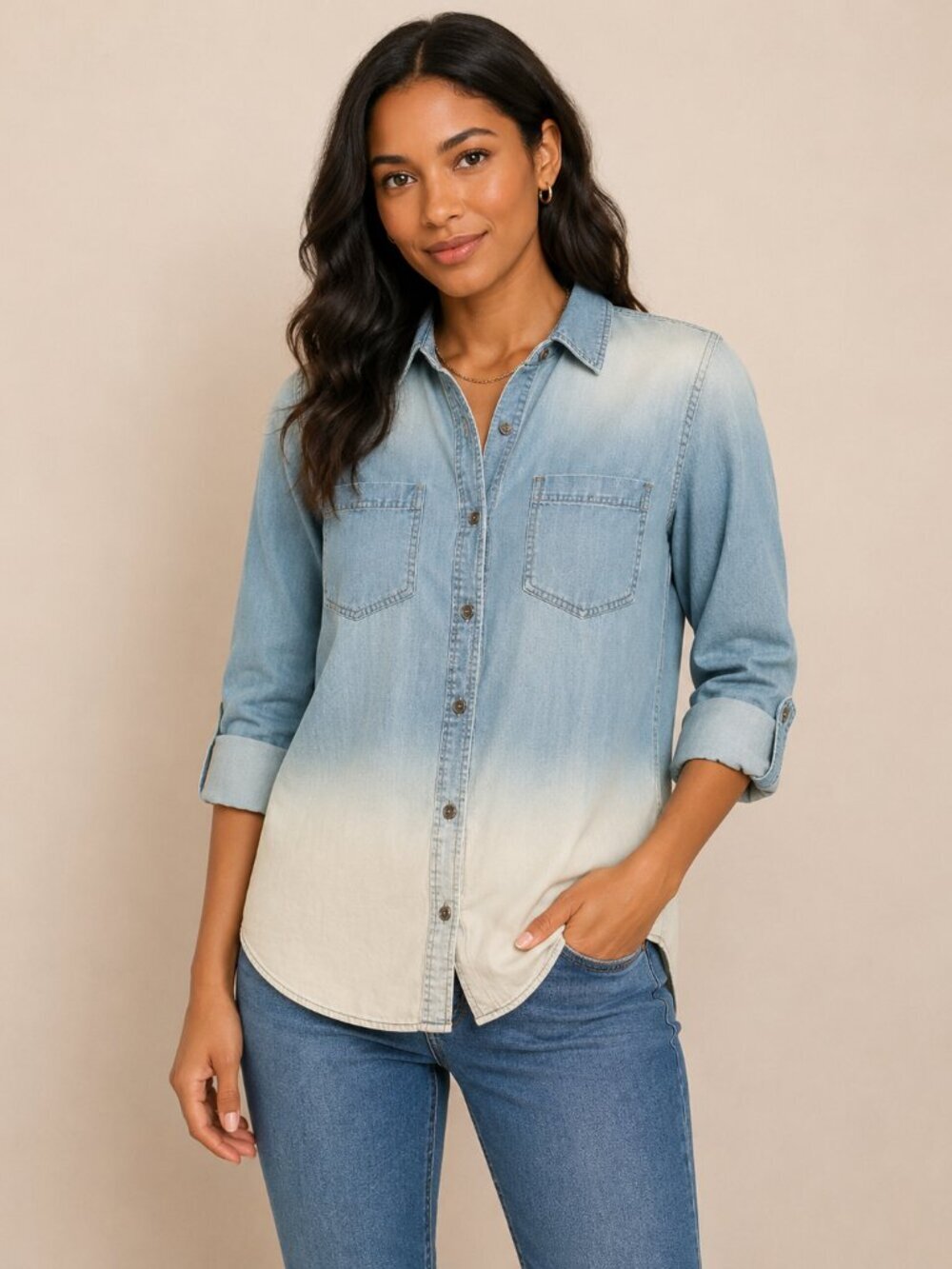 Anthro Holding Horses Chambray Shirt S Bleached Denim Button Down High Low
